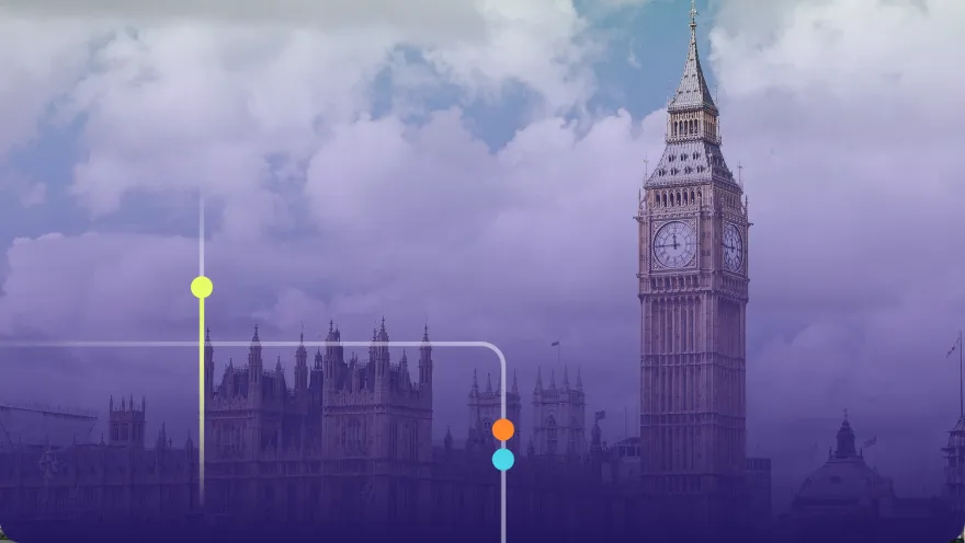 Big Ben and the Houses of Parliament in London with a purple overlay and Focused brand accents
