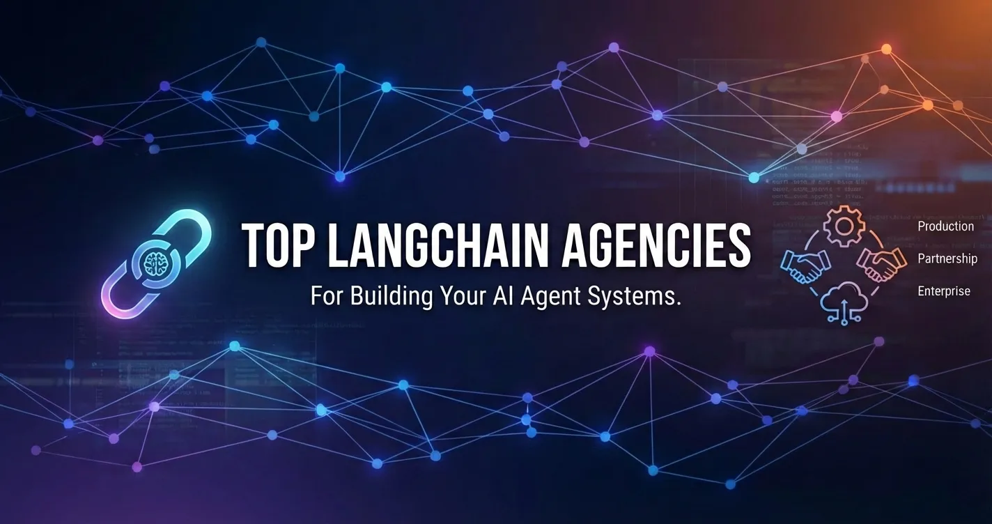 Dark tech graphic with neural network nodes and icons for top LangChain agencies building AI agent systems