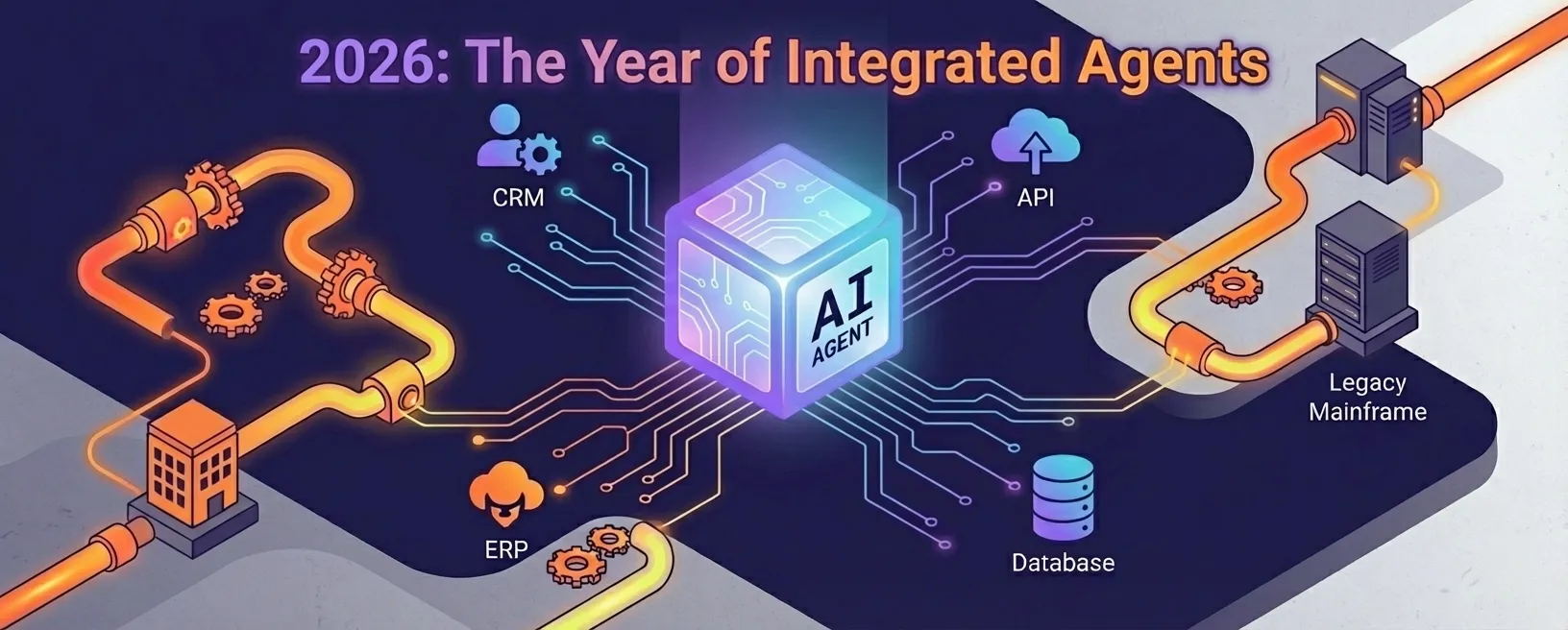 Isometric illustration of an AI agent cube connecting to CRM, API, ERP, database, and legacy mainframe systems
