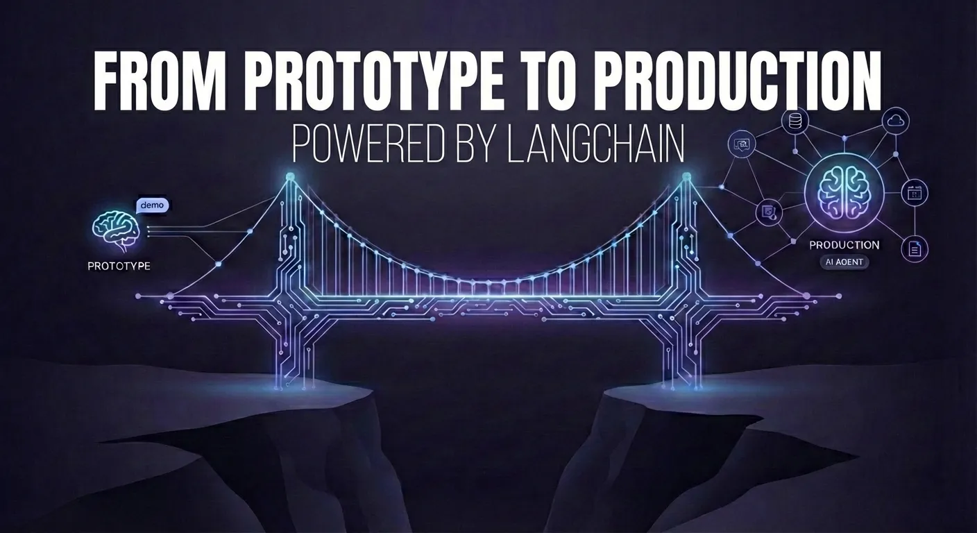 Illustrated digital bridge connecting prototype to production AI agent with circuit board patterns
