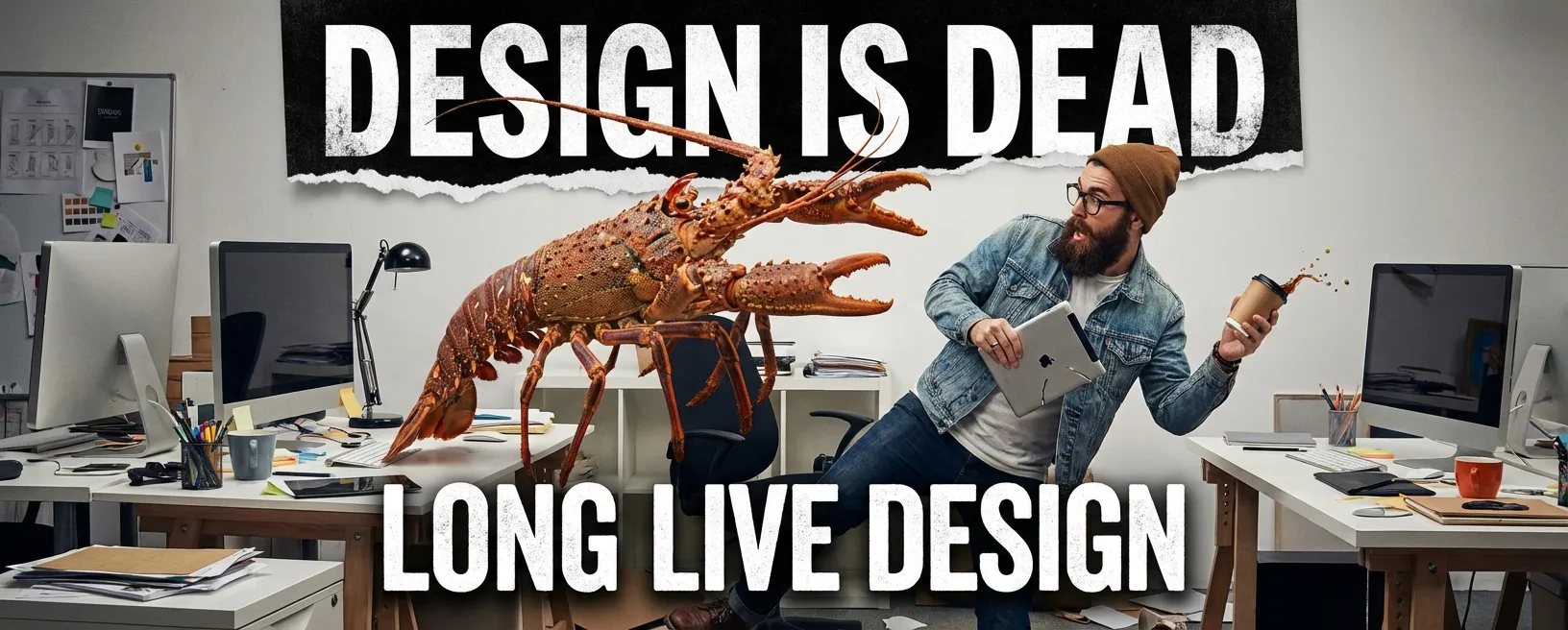 Surreal AI-generated image of a giant lobster on an office desk startling a bearded man with a laptop