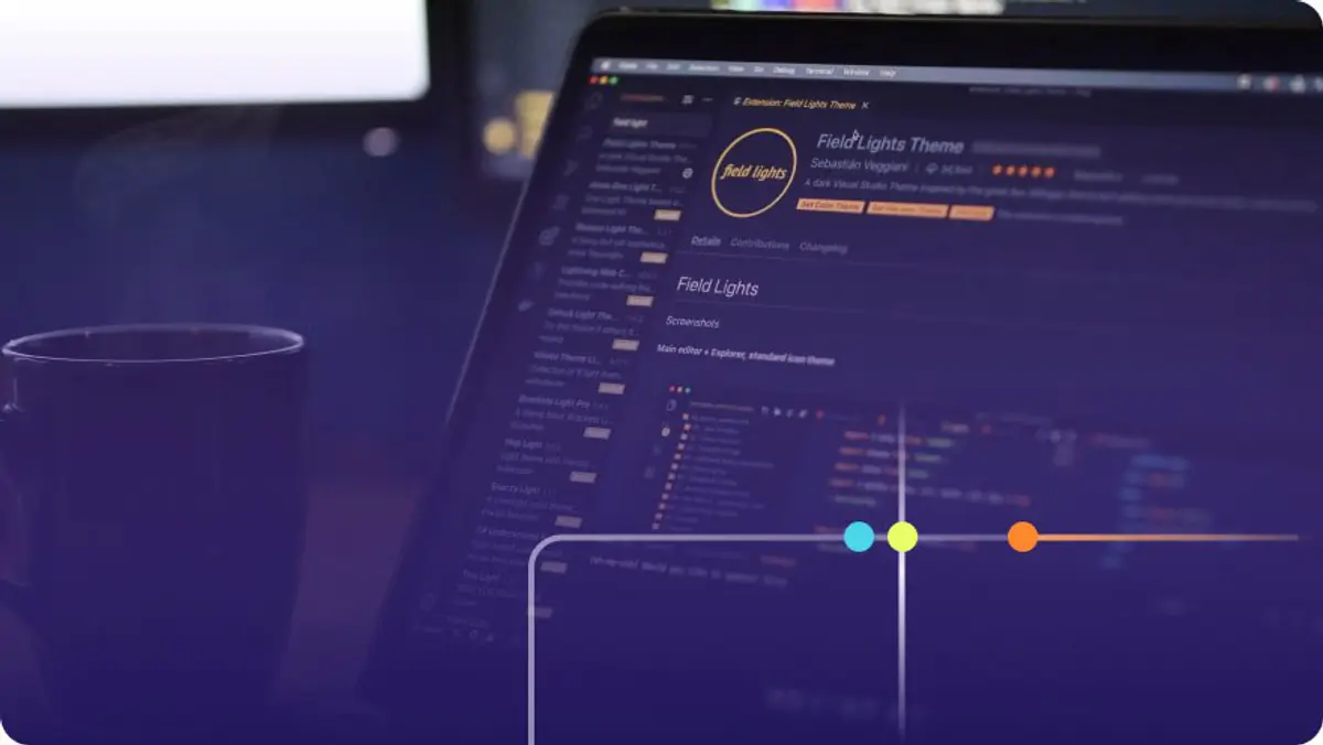 Laptop screen showing a VS Code extension marketplace page with a coffee mug beside it